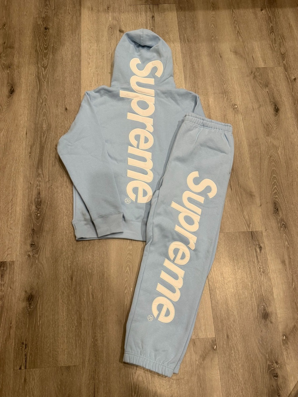 Supreme Satin Appliqué Hoodie and Sweatpants Light Blue
